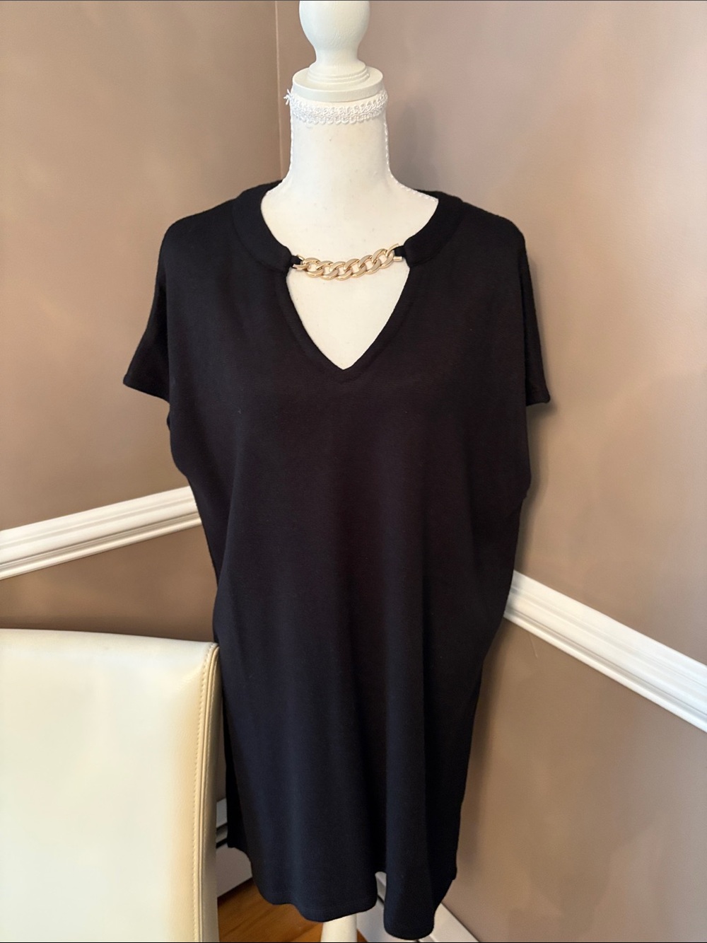 IMAN Black V-Neck Tunic with Gold Chain Detail